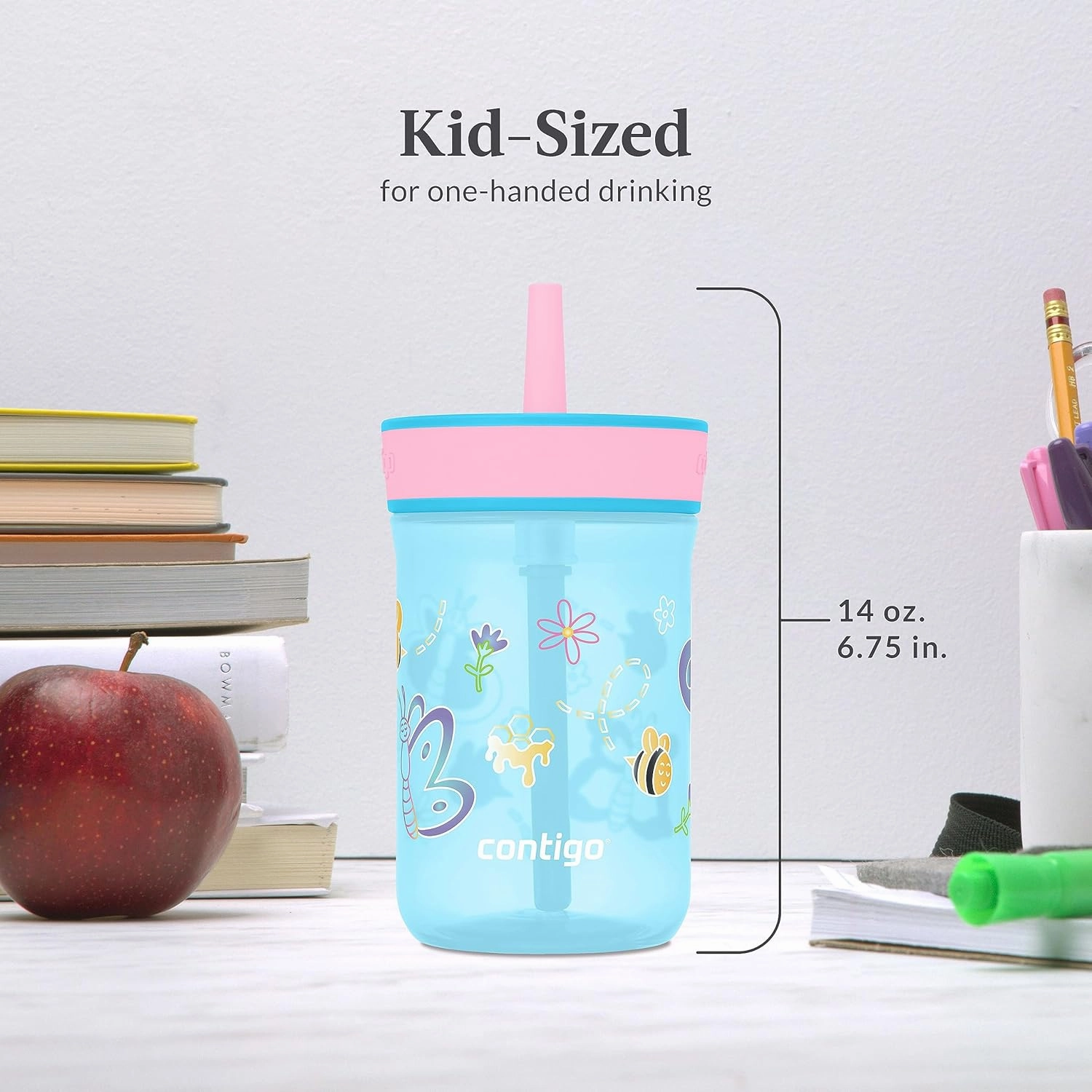 Contigo Leighton Kids Plastic Water Bottles, Spill-Proof Tumblers with Straw, Dishwasher Safe, 14oz 2-Pack in Blue Raspberry/Butterflies & Azalea/Llamas Themes - Ideal for Toddlers and Older Kids