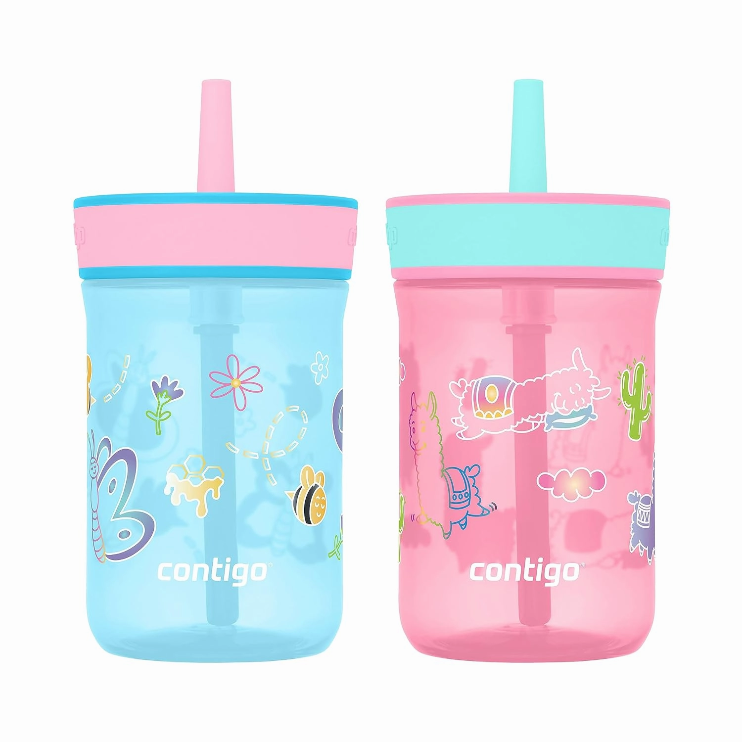 Contigo Leighton Kids Plastic Water Bottles, Spill-Proof Tumblers with Straw, Dishwasher Safe, 14oz 2-Pack in Blue Raspberry/Butterflies & Azalea/Llamas Themes - Ideal for Toddlers and Older Kids