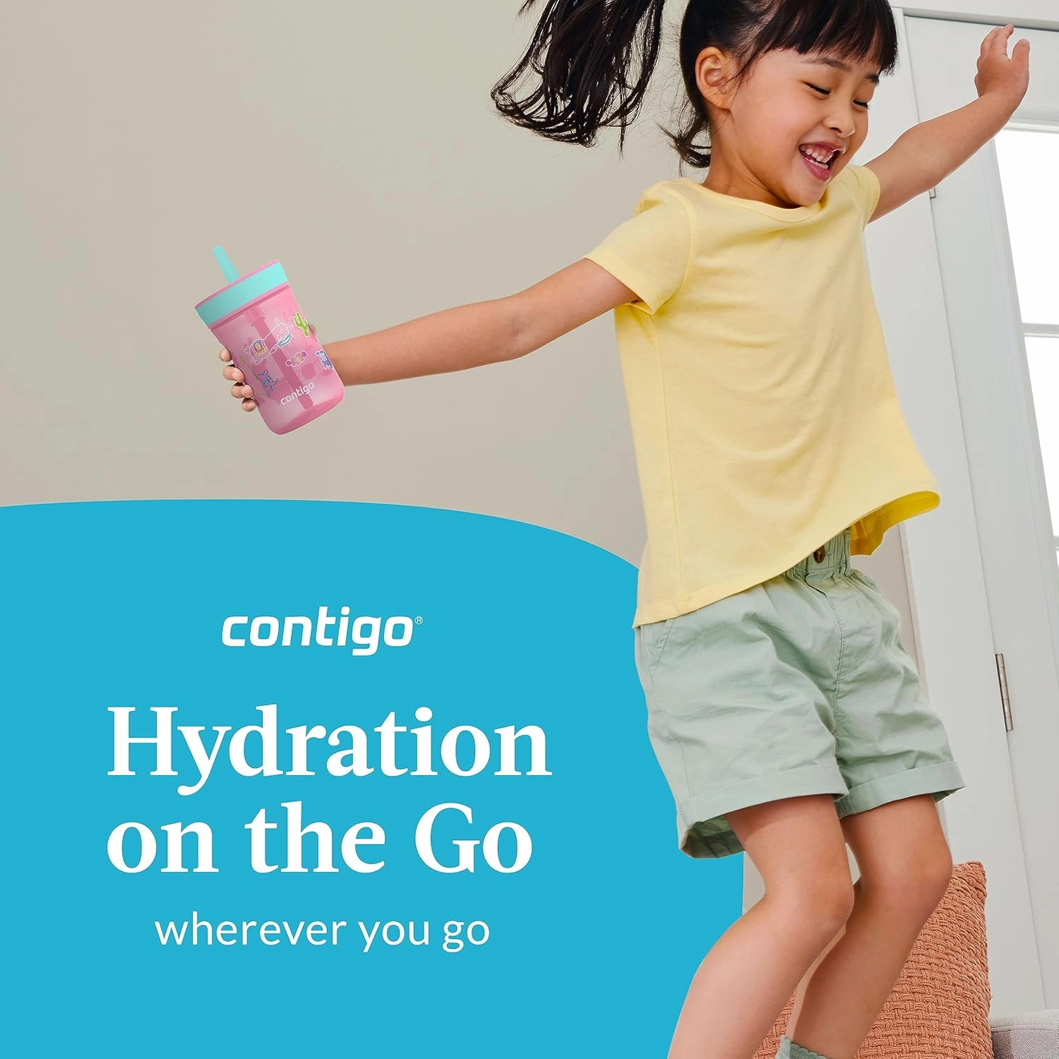Contigo Leighton Kids Plastic Water Bottles, Spill-Proof Tumblers with Straw, Dishwasher Safe, 14oz 2-Pack in Blue Raspberry/Butterflies & Azalea/Llamas Themes - Ideal for Toddlers and Older Kids
