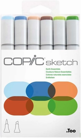 Copic Sketch Alcohol Markers, 6 Color Dual Tip Art Marker Set – Blendable Brush Tips for Drawing, Sketching, and Illustration – Professional Set for for Adult/Teen Artists & Creators - Earth Essential