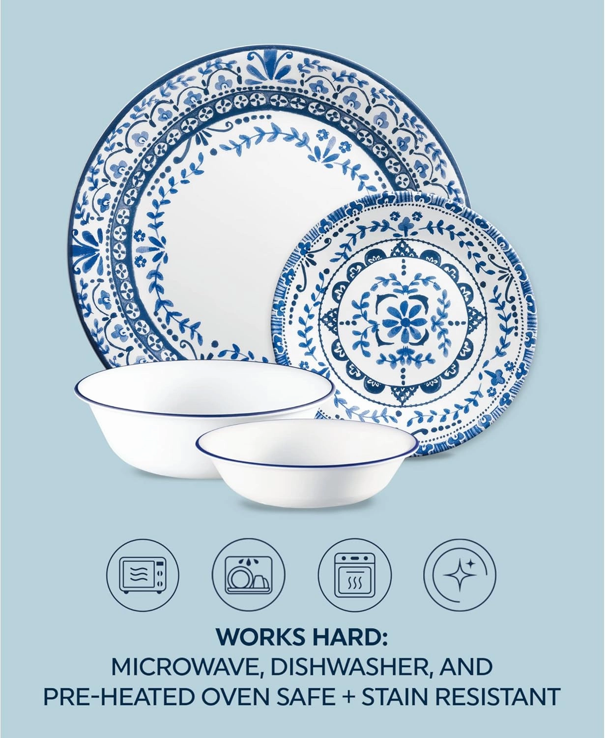 Corelle Vitrelle Glass Dinnerware Set, Chip & Crack Resistant Triple Layer Glass, 4-PC Bowl, Portofino