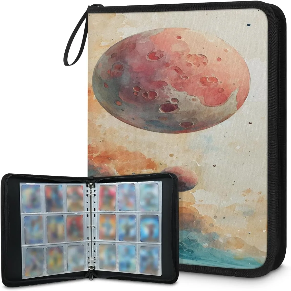 Cosmic Romance Planet 3 Ring Trading Zipper Binder Strap, Trading Card Binder 4 Pocket, 400 Pockets Card Holder with 50 Removable Sleeves for Game Cards