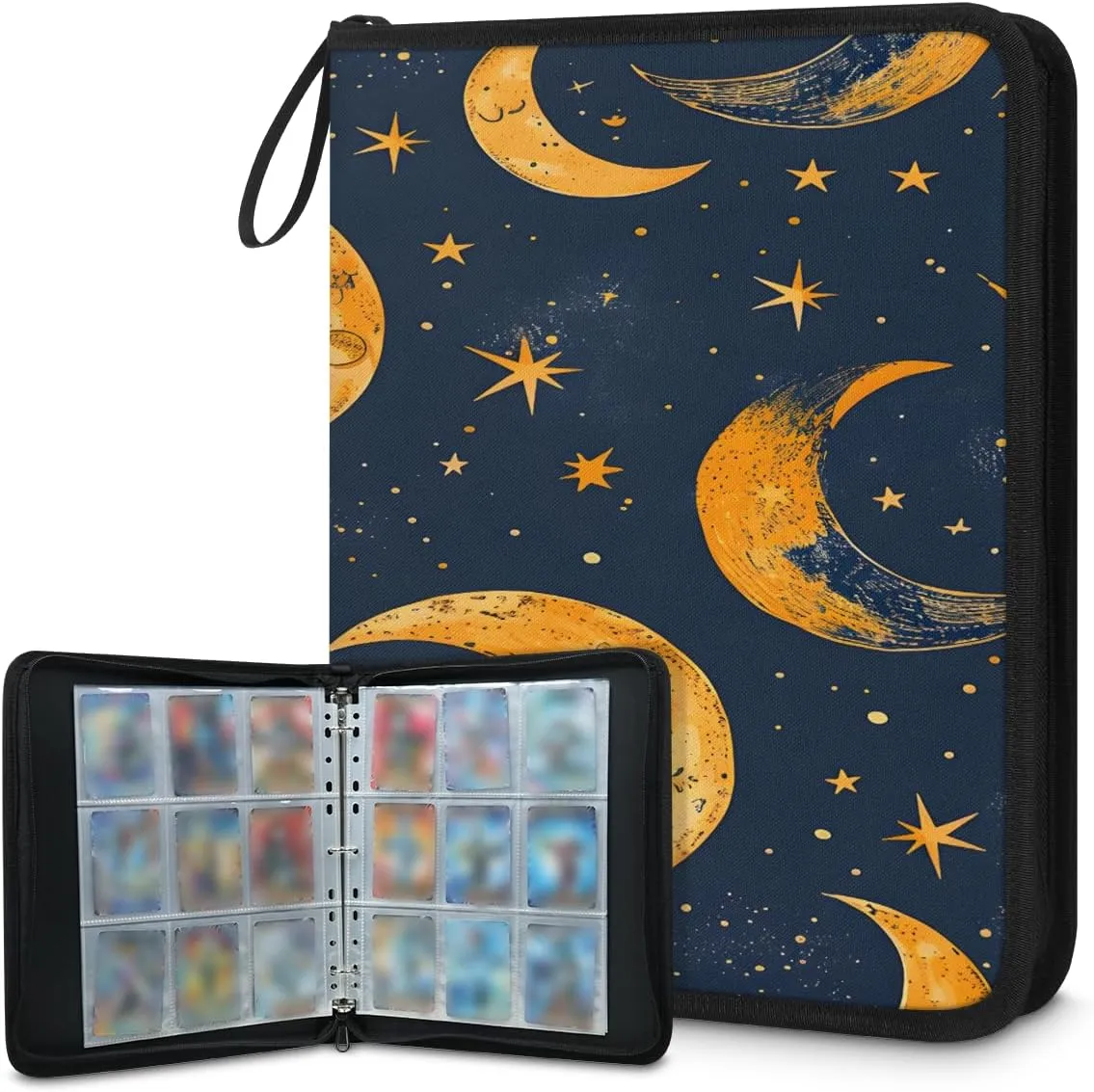 Crescent Moon 3 Ring Trading Zipper Binder Strap, Trading Card Binder 4 Pocket, 400 Pockets Card Holder with 50 Removable Sleeves for Game Cards