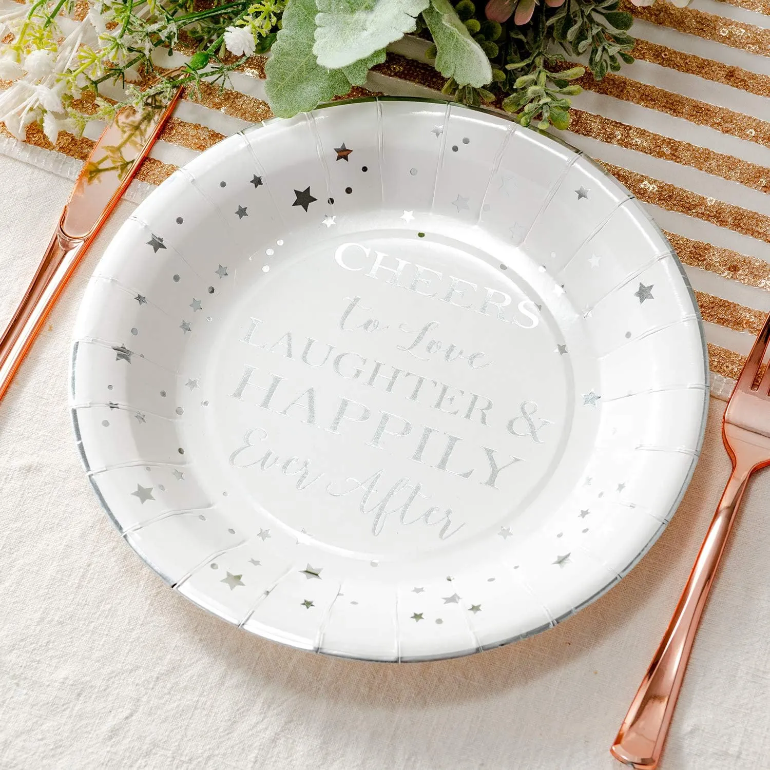 Crisky Cheers to Love Silver Disposable Plates for Bridal Shower, Wedding, Engagement, Bachelorett Party Decorations, Dessert, Buffet, Cake Plates Party Supples, 50 Count, 9" Plate