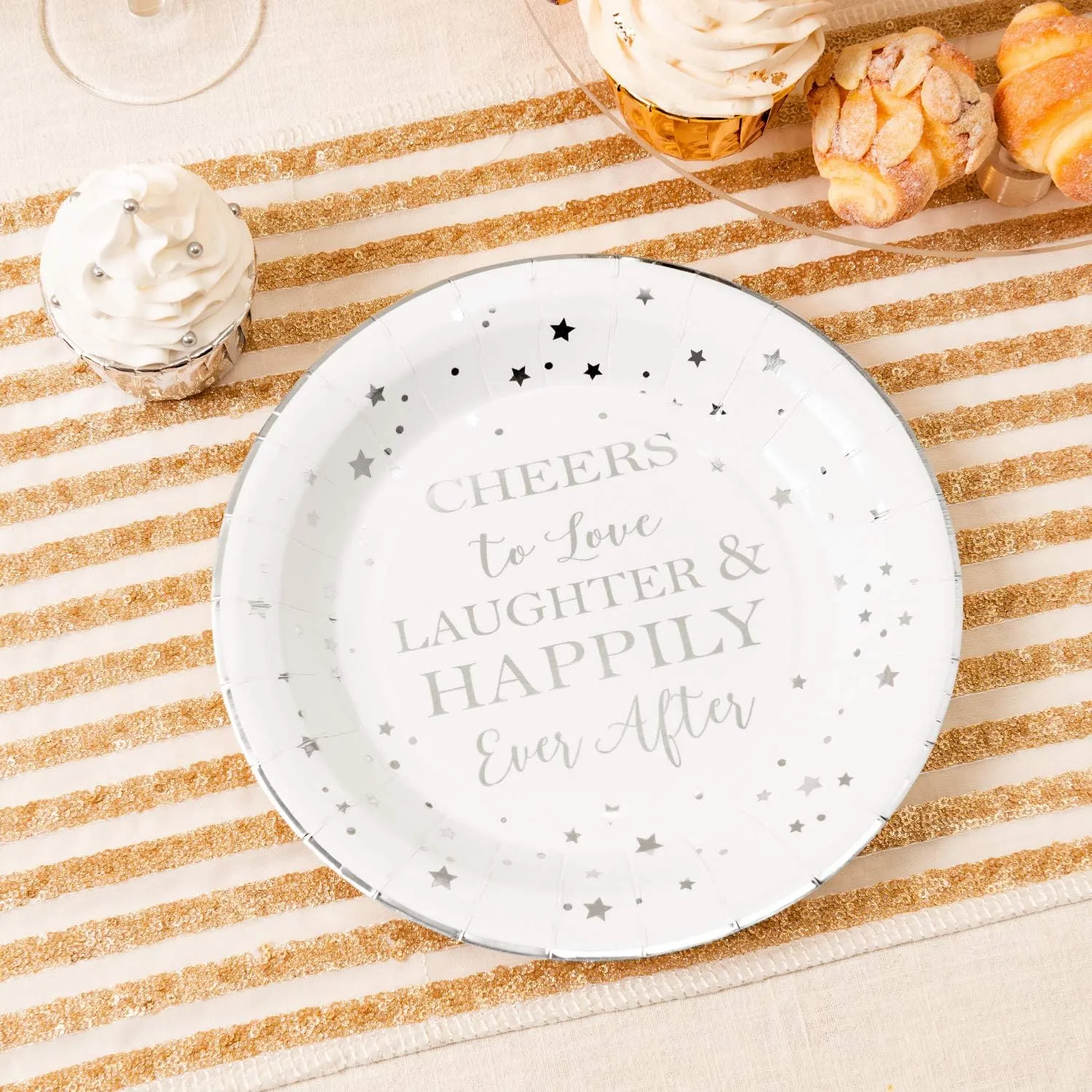 Crisky Cheers to Love Silver Disposable Plates for Bridal Shower, Wedding, Engagement, Bachelorett Party Decorations, Dessert, Buffet, Cake Plates Party Supples, 50 Count, 9" Plate