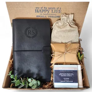 Customizable Men's Bath and Body Gift Basket | Natural Grooming Set with Shaving Soap, Body Soap, Lip Balm, Towel, and Hot Cocoa | Personalized Birthday, Holidays, and Special Occasions Gift for Him