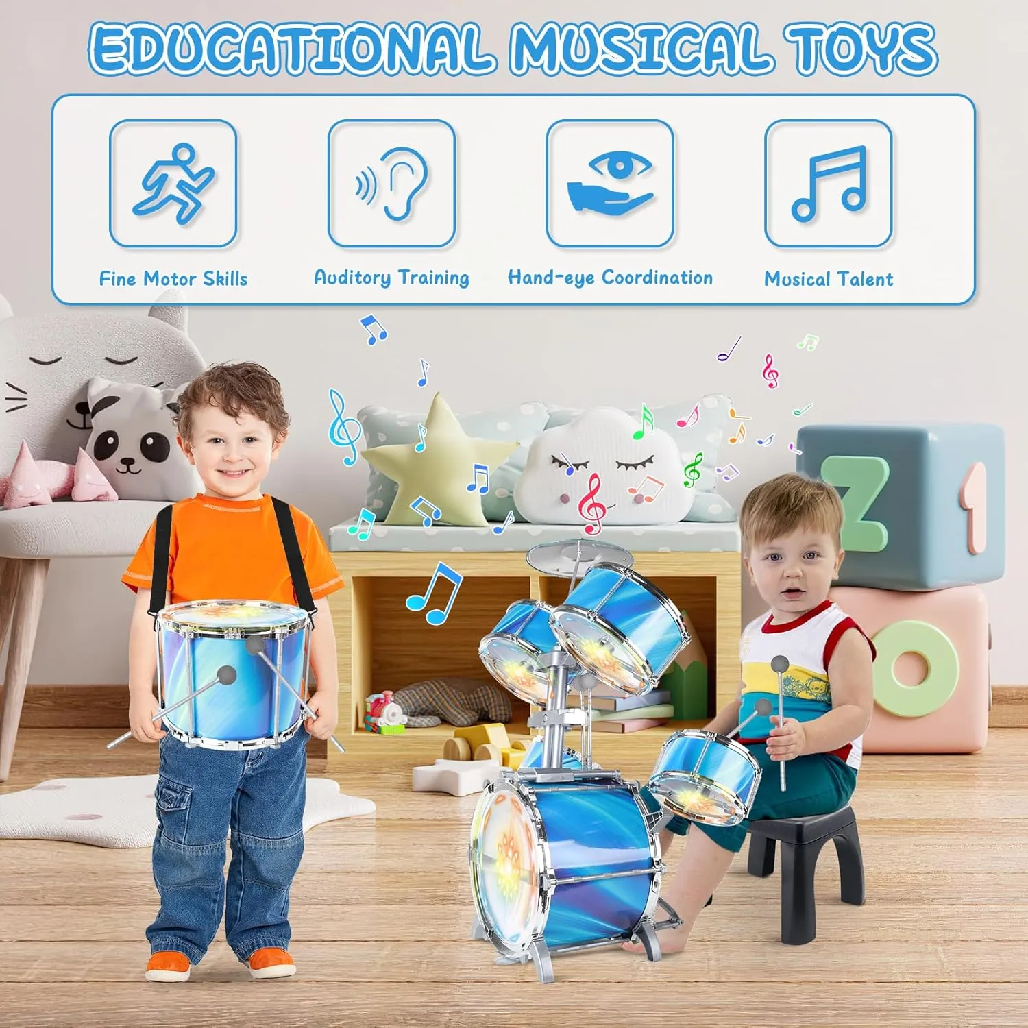 deAO Kids Drum Set Upgraded Kids Jazz Drum Set with 5 High Drums & Lights, Vibrating-Controlled, Drum Kit Musical Instruments Toys for Toddlers 3-5 Birthday (Blue)