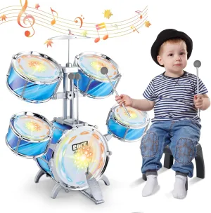 deAO Kids Drum Set Upgraded Kids Jazz Drum Set with 5 High Drums & Lights, Vibrating-Controlled, Drum Kit Musical Instruments Toys for Toddlers 3-5 Birthday (Blue)