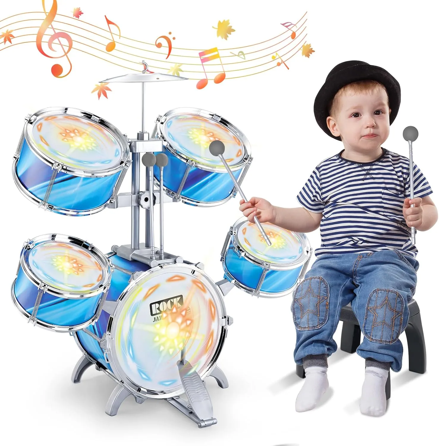 deAO Kids Drum Set Upgraded Kids Jazz Drum Set with 5 High Drums & Lights, Vibrating-Controlled, Drum Kit Musical Instruments Toys for Toddlers 3-5 Birthday (Blue)