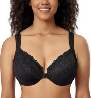 DELIMIRA Women's Front Closure Bras Plus Size Lace Full Coverage Underwire Unlined Bra