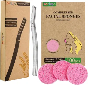 Dermaplaning Razor & Compressed Facial Sponges Set - Exfoliate, Cleanse & 12 Blades   100-Count Facial Sponges for Smooth Skin & Makeup