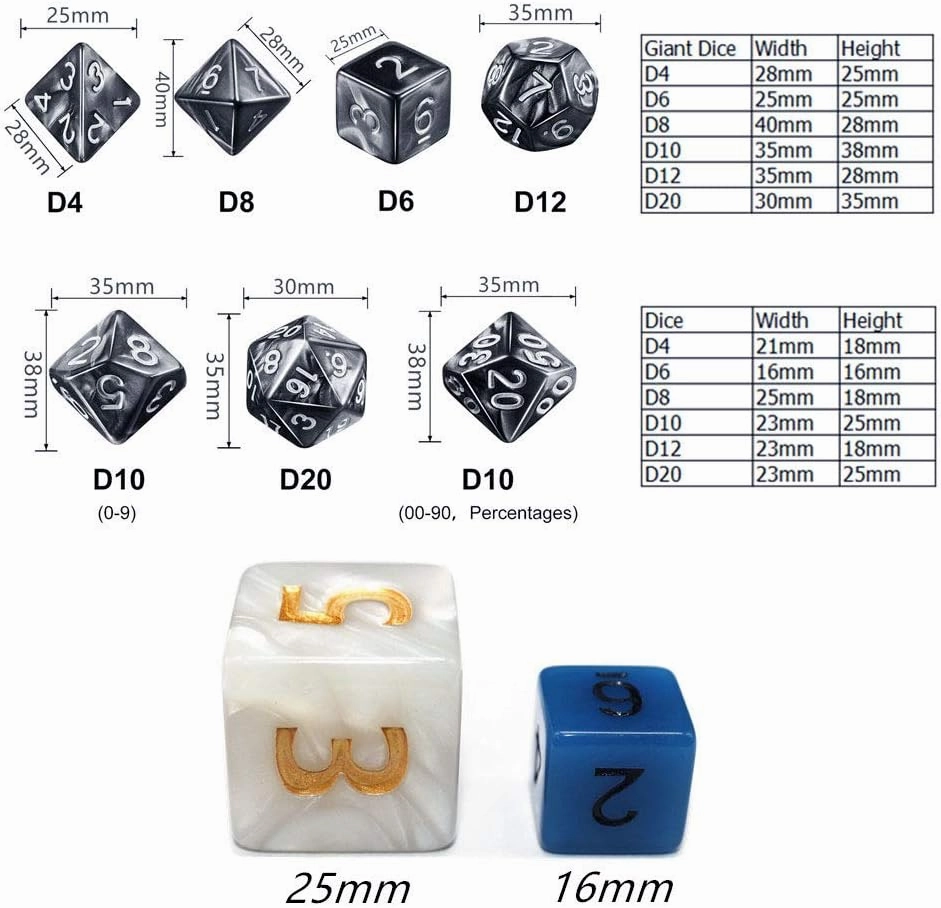 Dice- 25mm DND RPG Dice Set for Dungeons and Dragons D&D Pathfinder MTG Role Playing Dice Giant White Polyhedral Dice with Dice Bag