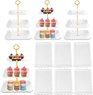 DIDROOM 10 Pack Dessert Table Display Set - 4 x Three-Tier Square Cupcake Stands and 6 x Serving Trays, Elegant Tableware for Cakes, Cupcakes, Pastries, and Snacks, Perfect for Parties (White)