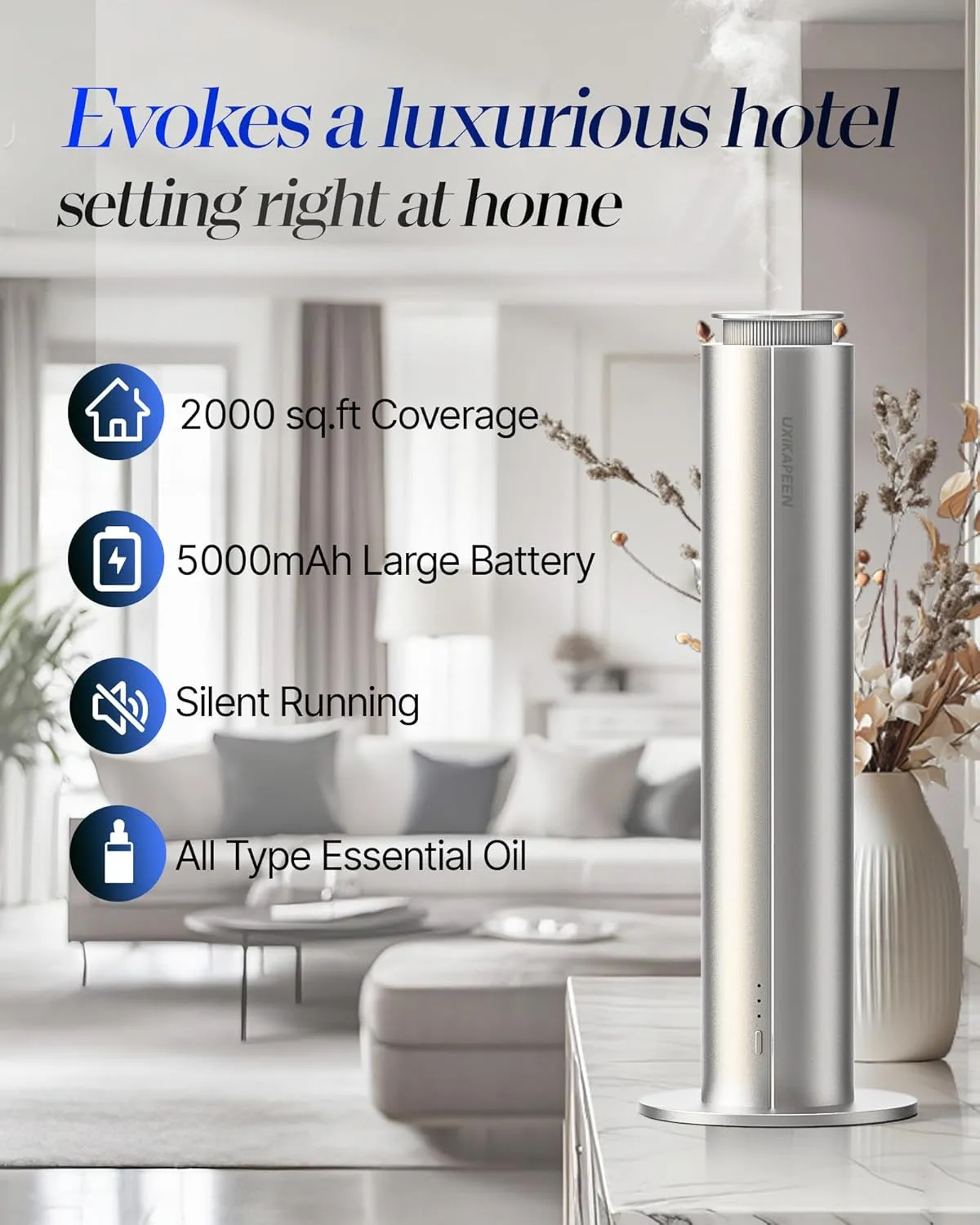 Diffuser for Home Large Room,Waterless Essential Oil Diffuser with 2000 Sq.Ft Coverage,Cordless Battery Operated Diffuser,Hotel Scent Diffuser Starter Kit Tech 120ML for Bedroom/Office/Spa/App, Silver