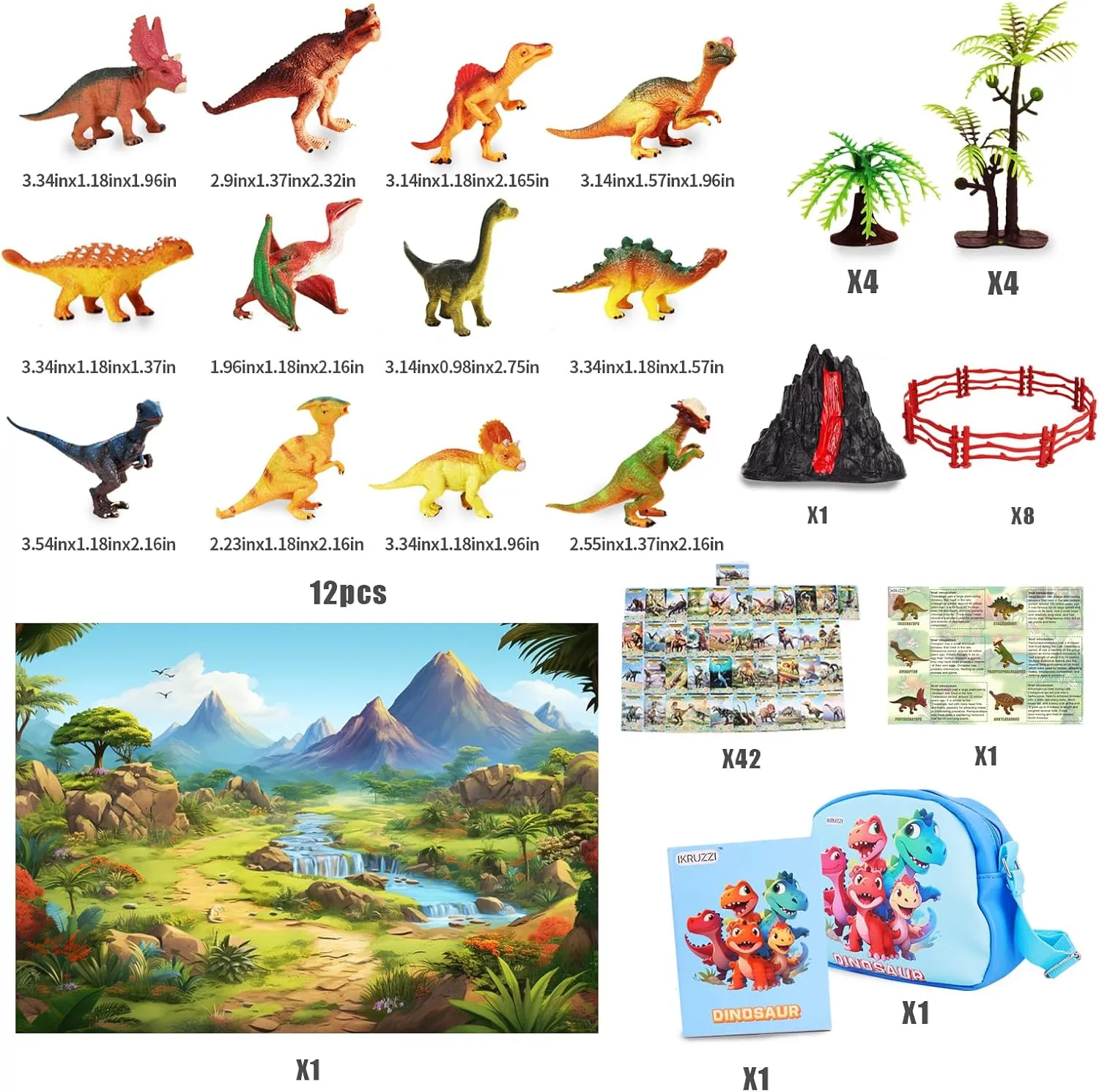 Dinosaur Toys for Kids 3-5,12 Packs Realistic Dino Figures Playset for Boys and Girls,Large Activity Play Mat,Dinosaur Cards,Tree Figures,Great Gifts for Kids