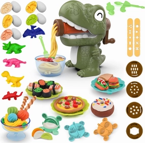 Dinosaur Noodle Maker Play Dough Set for Kids 3-8, Pattheboo 36 PCS Kitchen Toys with Dinosaur Egg Molds, Color Dough for Noodles, Ice Cream & Cookies, Birthday Gift for Boys & Girls