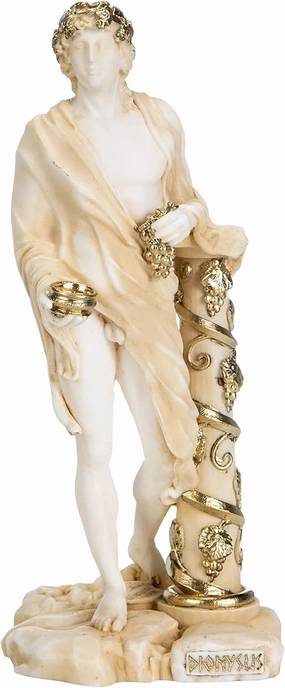 Dionysus Statue Bacchus Greek God of Wine Grape-Harvest Alabaster Sculpture Gold 6.69 Inches