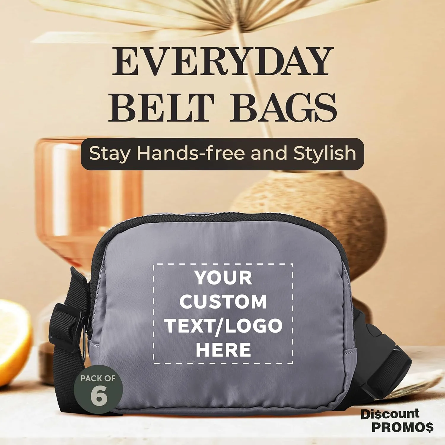 DISCOUNT PROMOS Custom Everyday Belt Bags Set of 6, Personalized Bulk Pack - Compact, Hands-Free, Stylish, Perfect for Travel, Sports, Daily Use - Grey