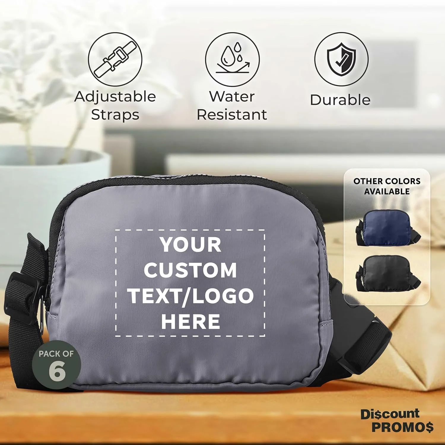 DISCOUNT PROMOS Custom Everyday Belt Bags Set of 6, Personalized Bulk Pack - Compact, Hands-Free, Stylish, Perfect for Travel, Sports, Daily Use - Grey