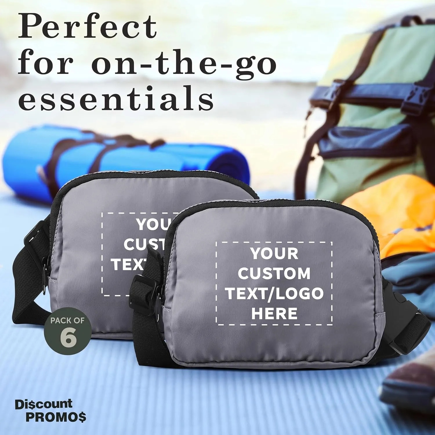 DISCOUNT PROMOS Custom Everyday Belt Bags Set of 6, Personalized Bulk Pack - Compact, Hands-Free, Stylish, Perfect for Travel, Sports, Daily Use - Grey