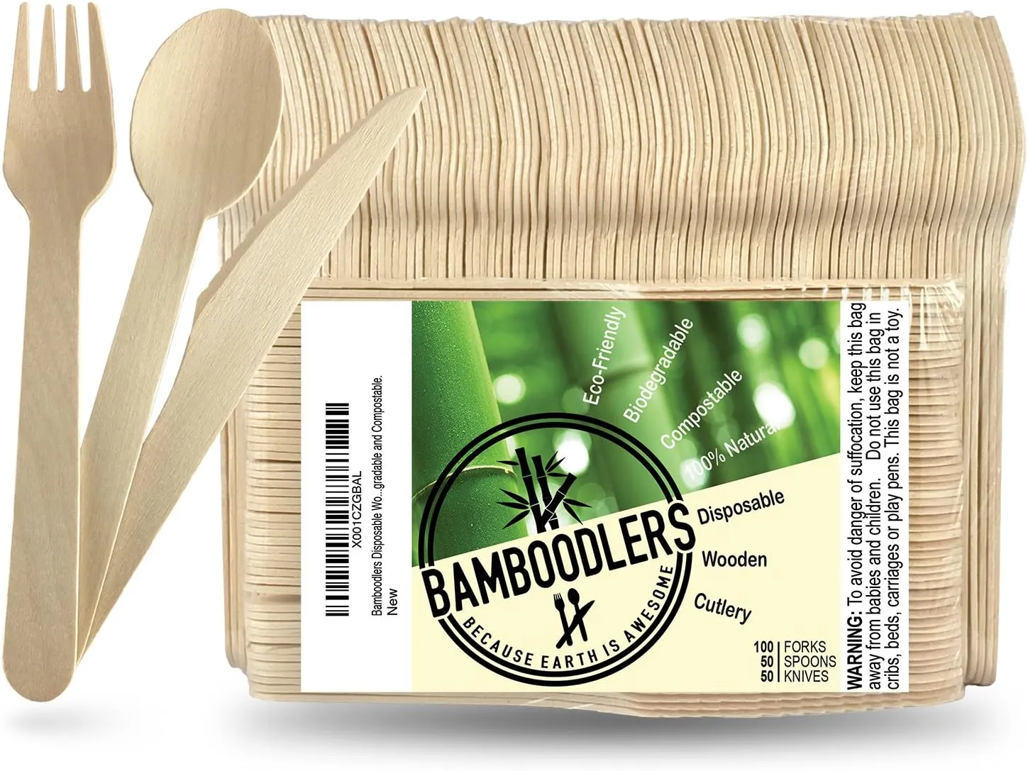 Disposable Wooden Cutlery Set | 100% All-Natural, Eco-Friendly, Biodegradable, and Compostable - Because Earth is Awesome! Pack of 200-6.5” utensils (100 forks, 50 spoons, 50 knives)