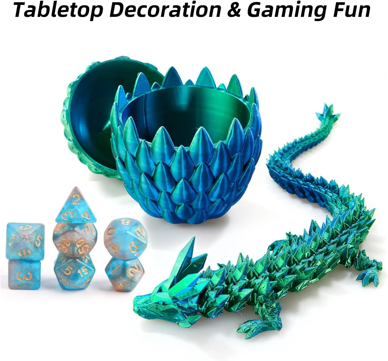 DND Dice Set (7 Pieces) and 3D Printed Dragon Egg (Blue Green)