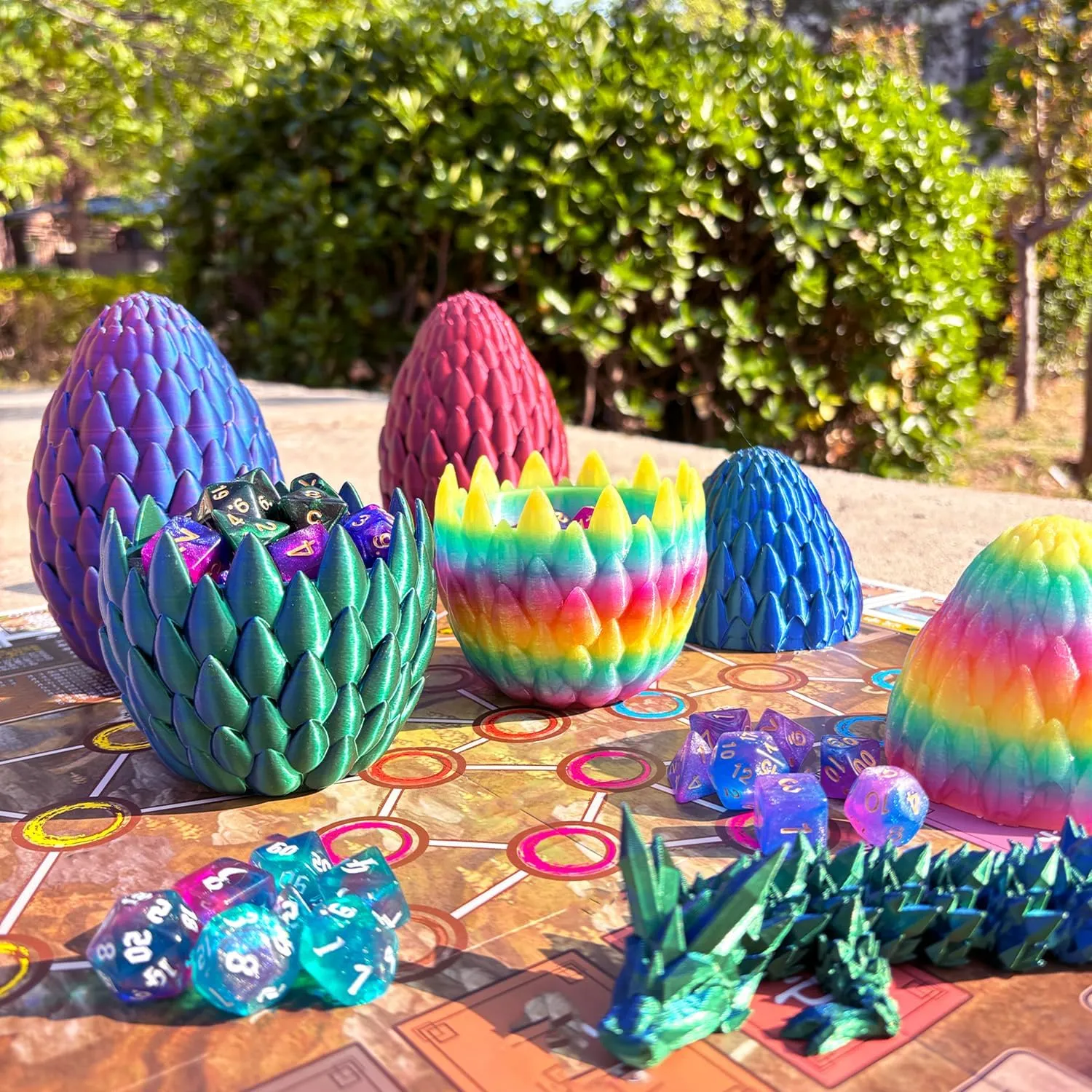 DND Dice Set (7 Pieces) and 3D Printed Dragon Egg (Blue Green)