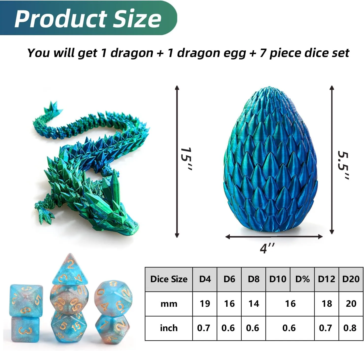 DND Dice Set (7 Pieces) and 3D Printed Dragon Egg (Blue Green)