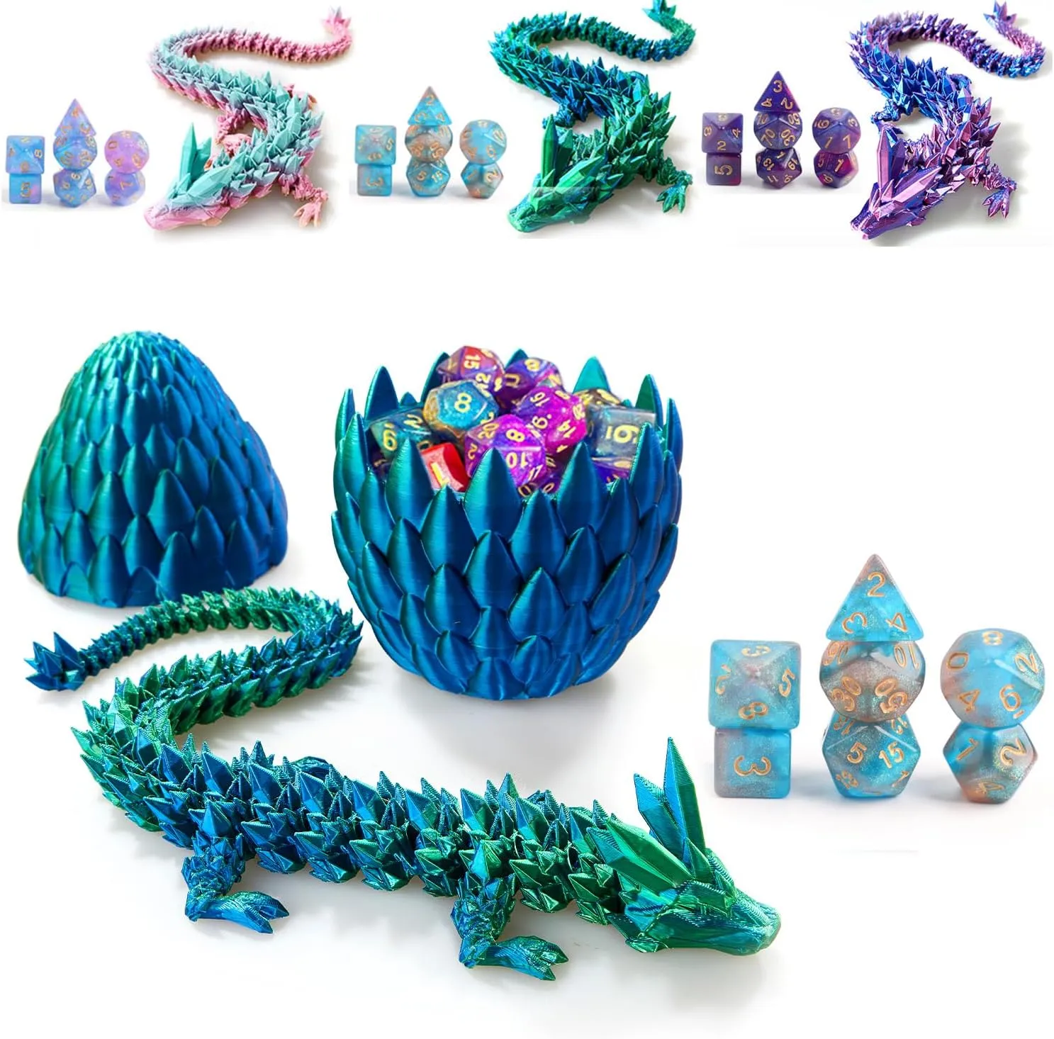 DND Dice Set (7 Pieces) and 3D Printed Dragon Egg (Blue Green)