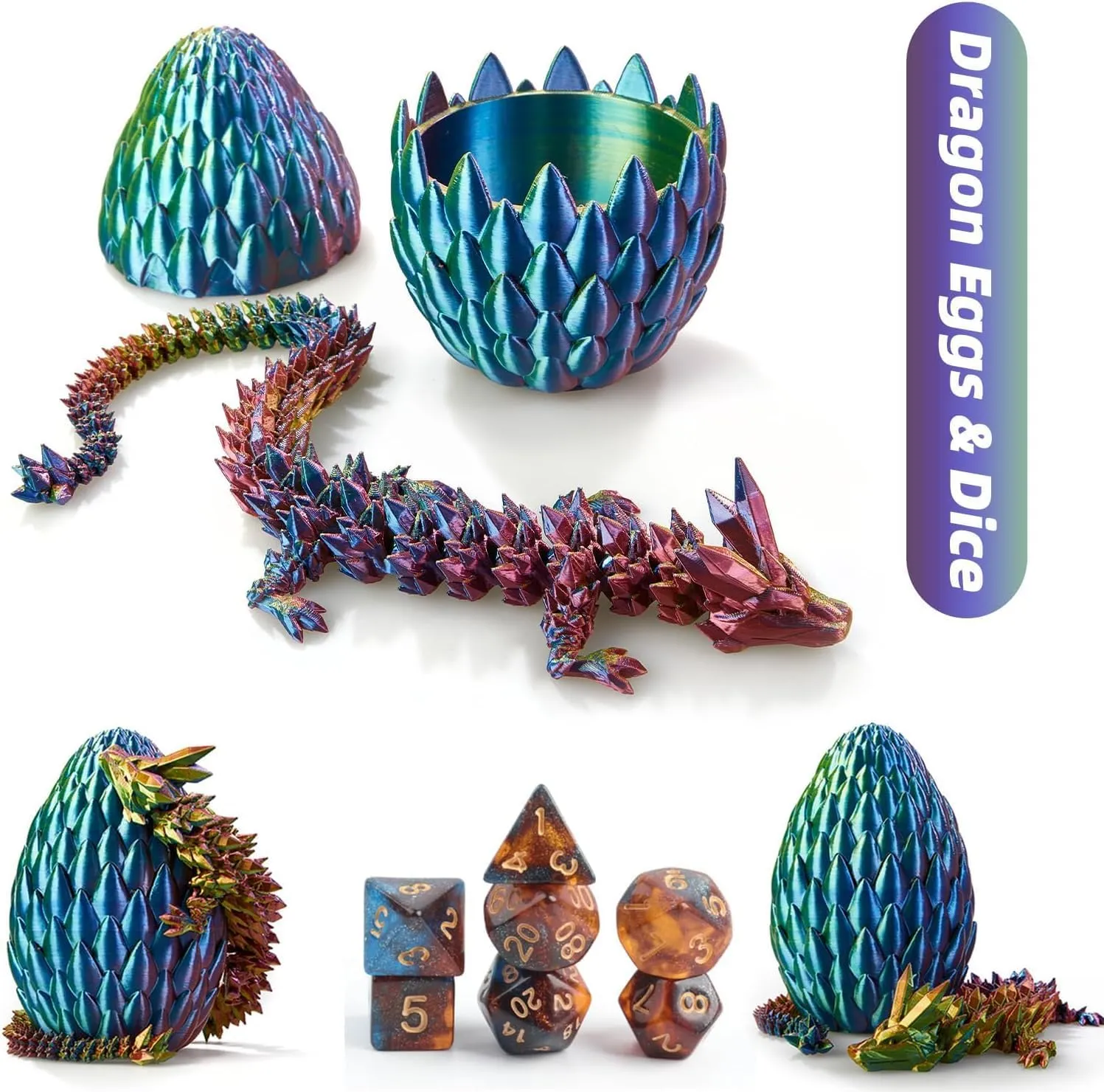 DND Dice Set (7 Pieces) and 3D Printed Dragon Egg (Tri-B)