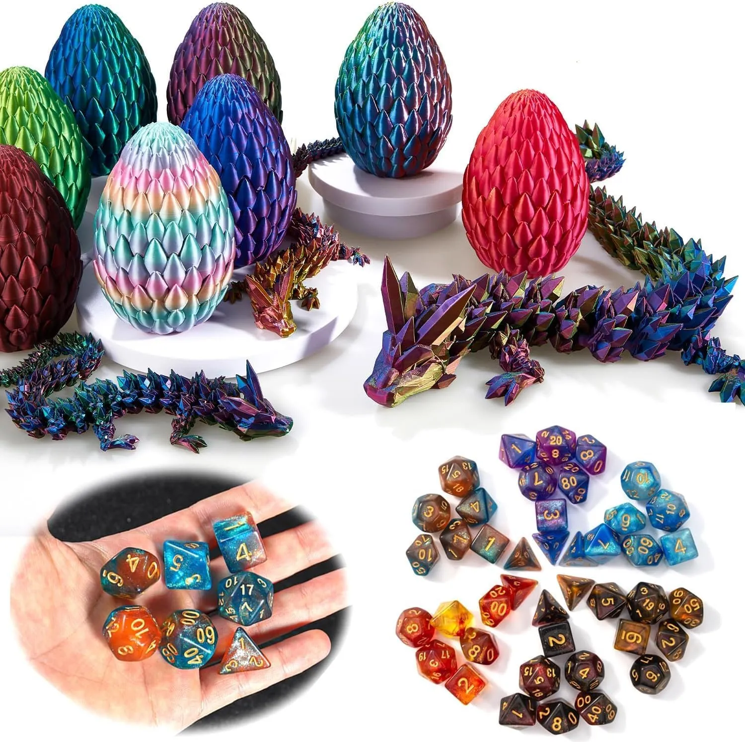 DND Dice Set (7 Pieces) and 3D Printed Dragon Egg (Tri-B)