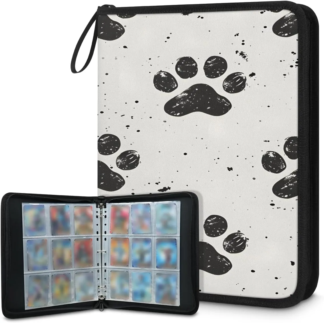 Dog Paw Prints 3 Ring Trading Zipper Binder Strap, Trading Card Binder 9 Pocket, 900 Pockets Card Holder with 50 Removable Sleeves for Game Cards