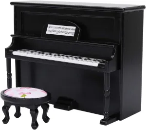 Dollhouse Piano, 1:12 Miniature Simulation Wooden Upright Piano with Stool for Home Ornaments Dollhouse Decorative Accessories (Black)