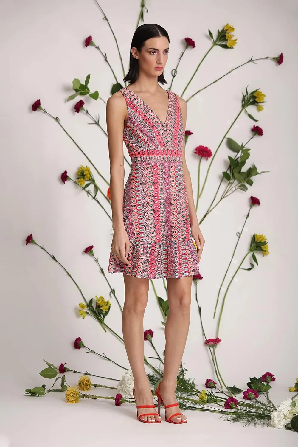 Donna Morgan Women's Colorful Crochet Sleeveless Above The Knee Dress with Hem Ruffle Tier