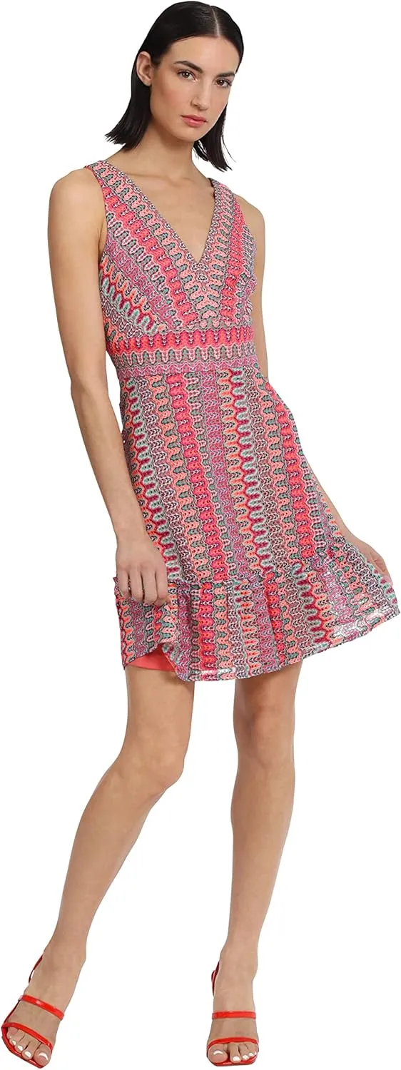 Donna Morgan Women's Colorful Crochet Sleeveless Above The Knee Dress with Hem Ruffle Tier
