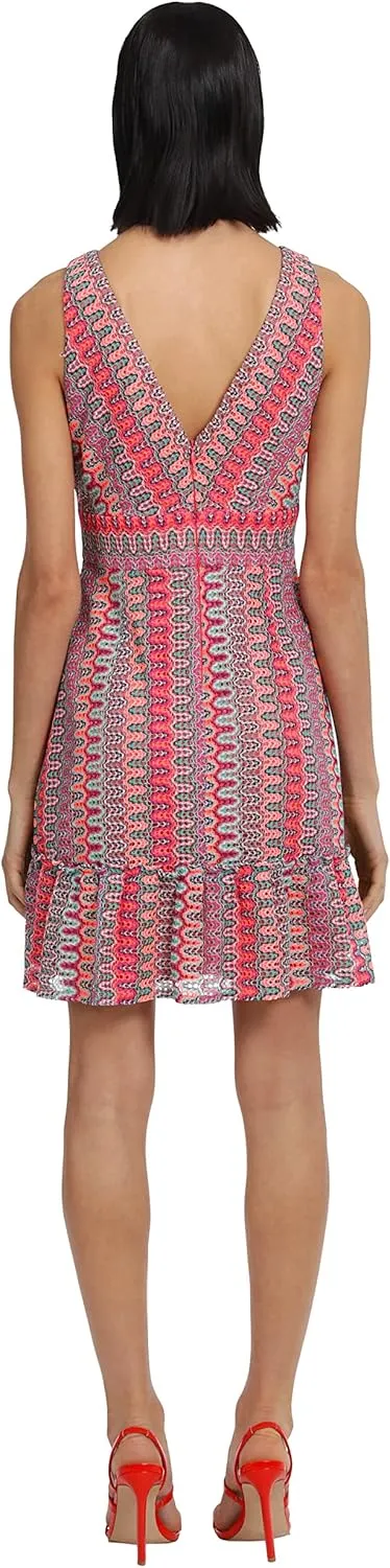 Donna Morgan Women's Colorful Crochet Sleeveless Above The Knee Dress with Hem Ruffle Tier