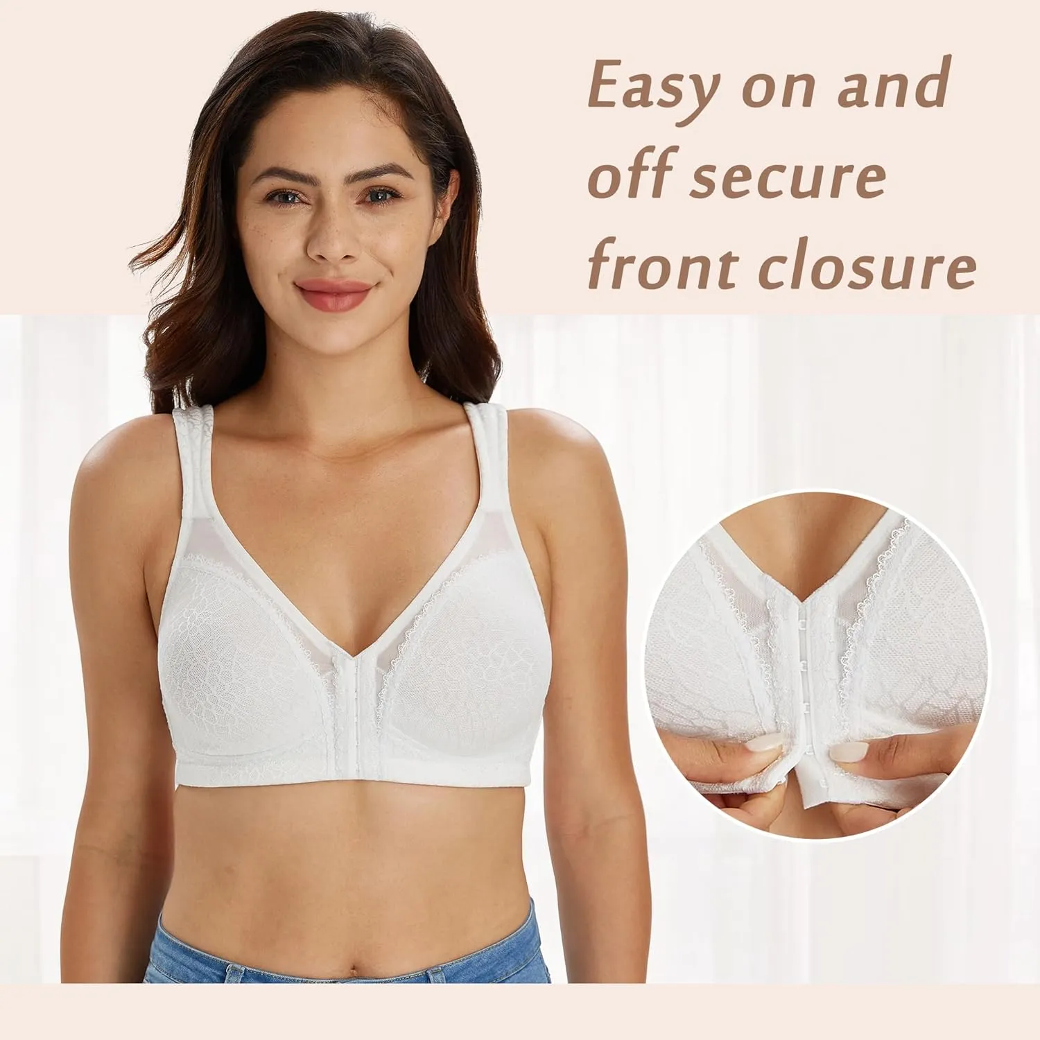 DotVol Women's Full Figure Front Closure Wirefree Jacquard Back Support Posture Bra