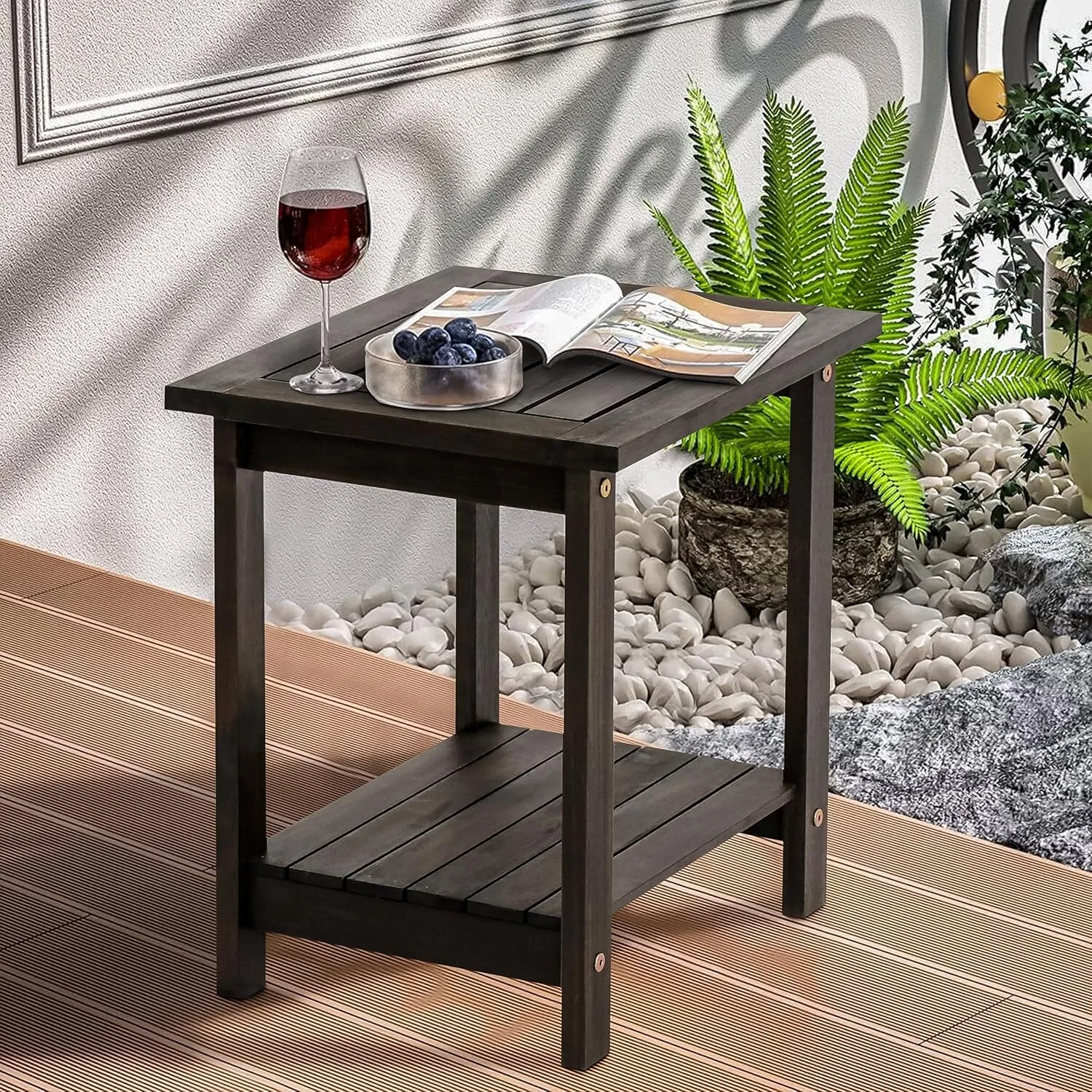 Double Adirondack Side Table, Weather-Resistant Rectangular End Table for Patio, Garden, Lawn, and Living Room. Ideal as a Stylish Indoor and Outdoor Side Table Companion, Black