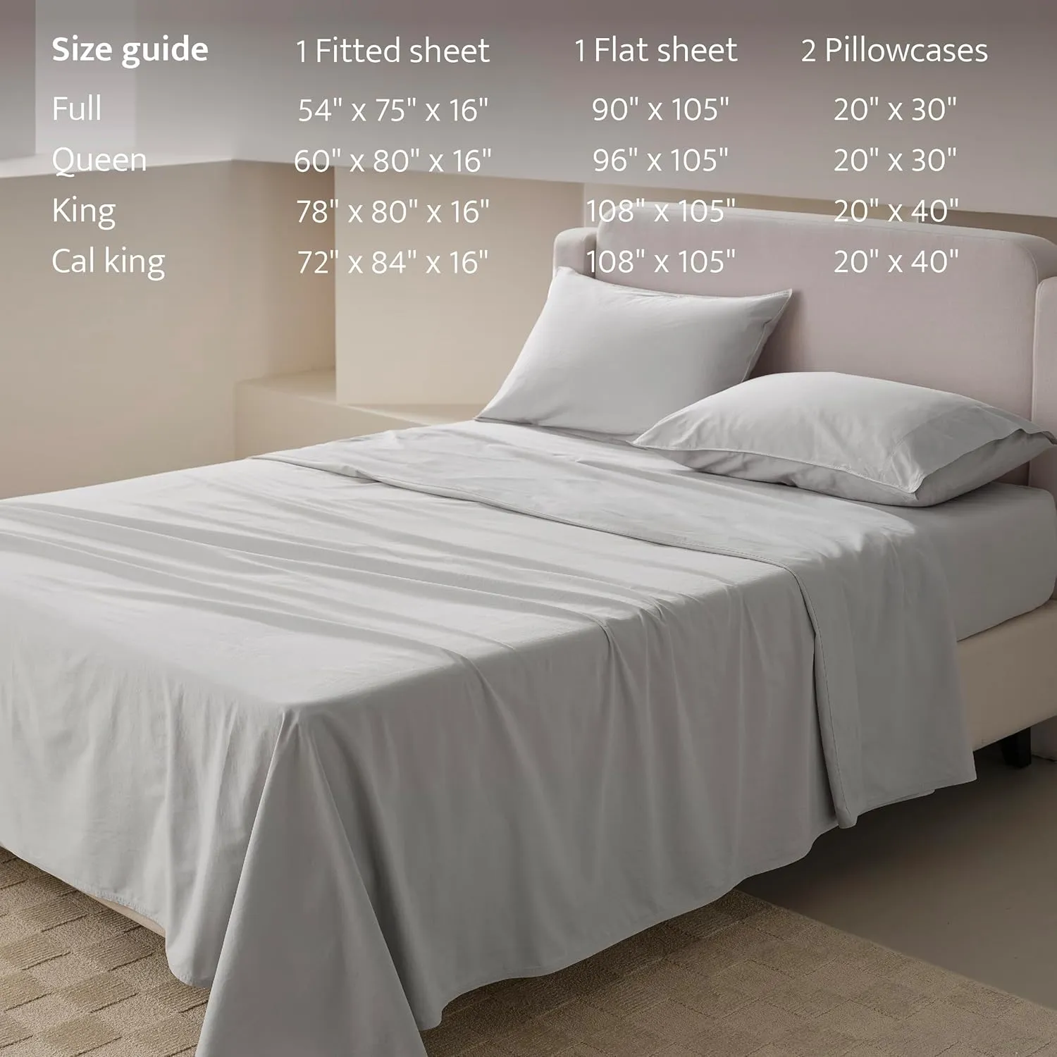 Double Stitch Organic Cotton Sheets Cal King Size - Soft & Breathable Sheet Set 4 Piece, Luxury 300 TC Sateen Weave Bedding, 100% GOTS Certified Long Staple Cotton, Made in India, Winter Sky