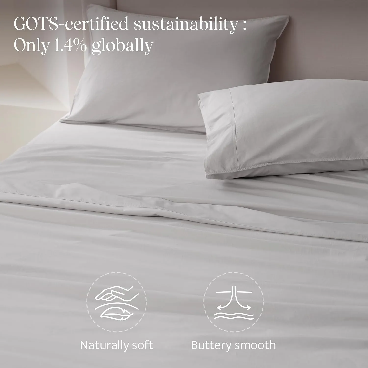 Double Stitch Organic Cotton Sheets Cal King Size - Soft & Breathable Sheet Set 4 Piece, Luxury 300 TC Sateen Weave Bedding, 100% GOTS Certified Long Staple Cotton, Made in India, Winter Sky