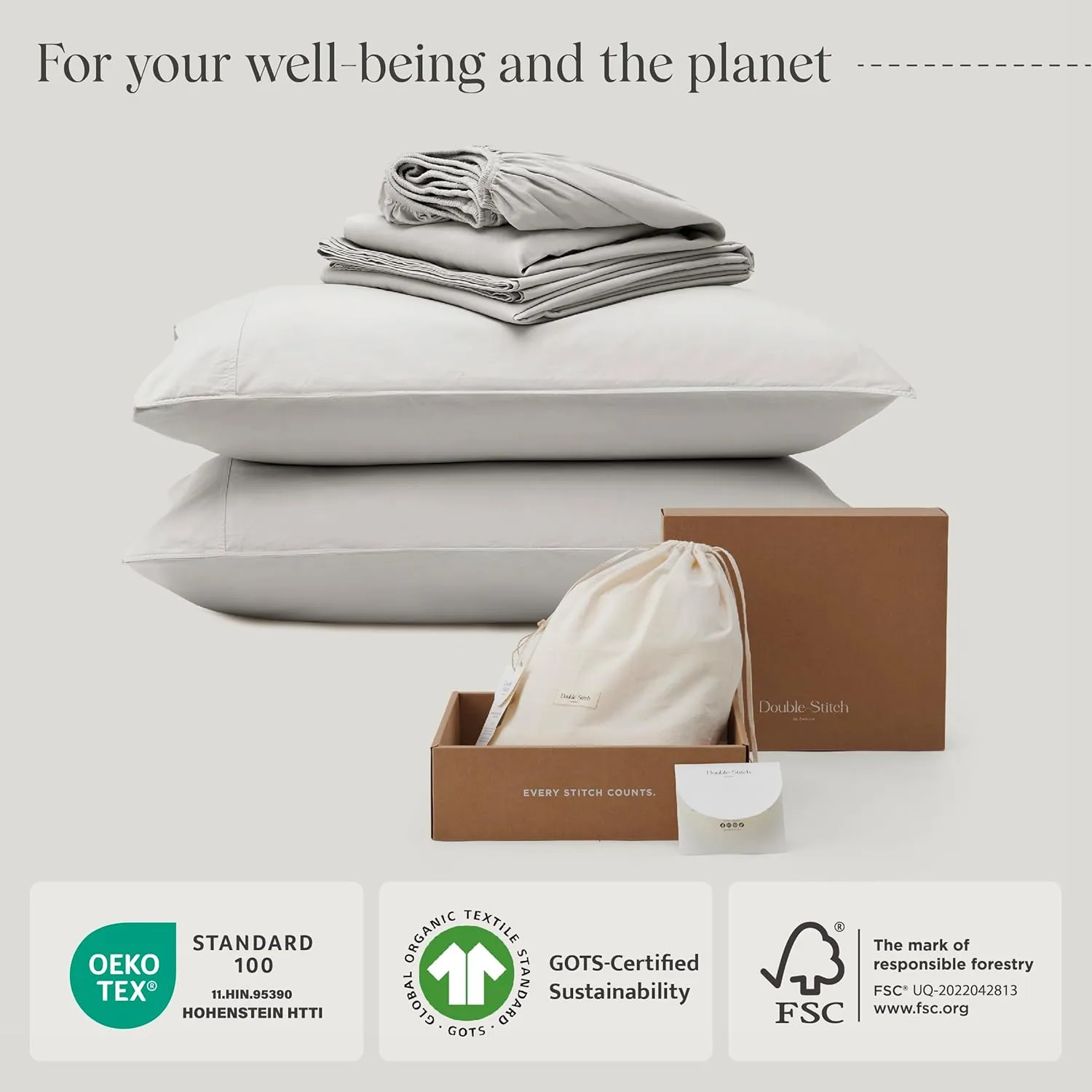 Double Stitch Organic Cotton Sheets Cal King Size - Soft & Breathable Sheet Set 4 Piece, Luxury 300 TC Sateen Weave Bedding, 100% GOTS Certified Long Staple Cotton, Made in India, Winter Sky