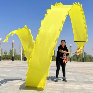 Dragon Dance Ribbon - 3D Solid Color Dragon Silk Streamer, Ribbon Set for Throwing Outdoor Exercises for Games, Washable Spinning Ribbon for Dancers (Yellow)