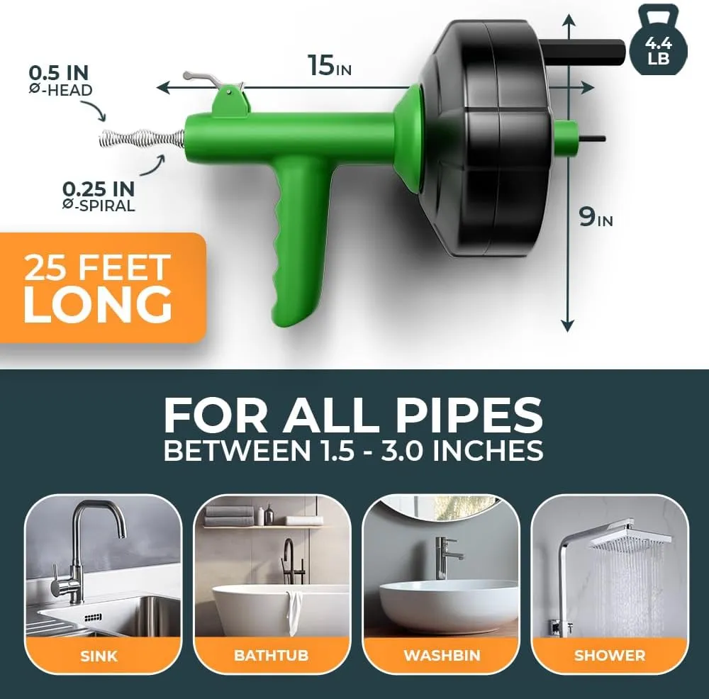 drain snake 4.0 [25 FT] - Auto Feed - Ideal plumbing snake for sink and drain unblocking - Solid drain auger for real DYIs!