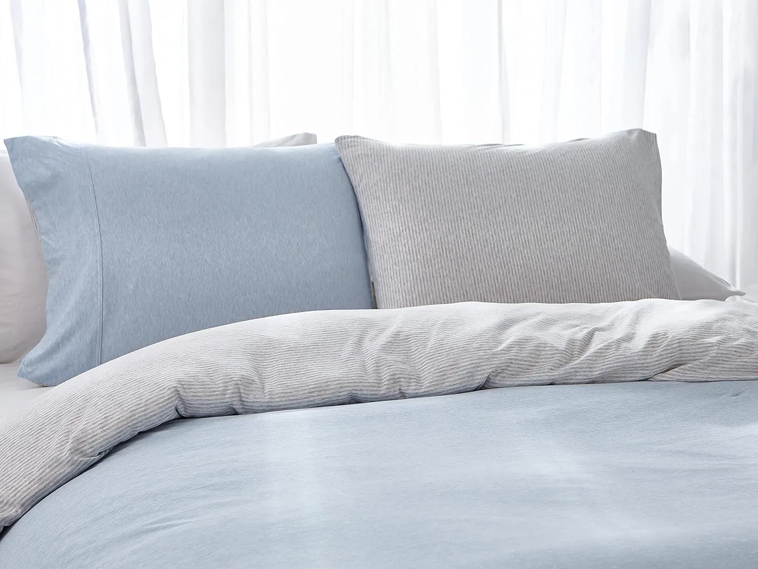 Dream Sunset Jersey Knit Stretch Duvet Cover Set, 100% Soft T-Shirt Cotton, Blue Grey White, Breathable,Skin Friendly, Zipper Closure, Twin, 1 Duvet Cover   1 Pillow case