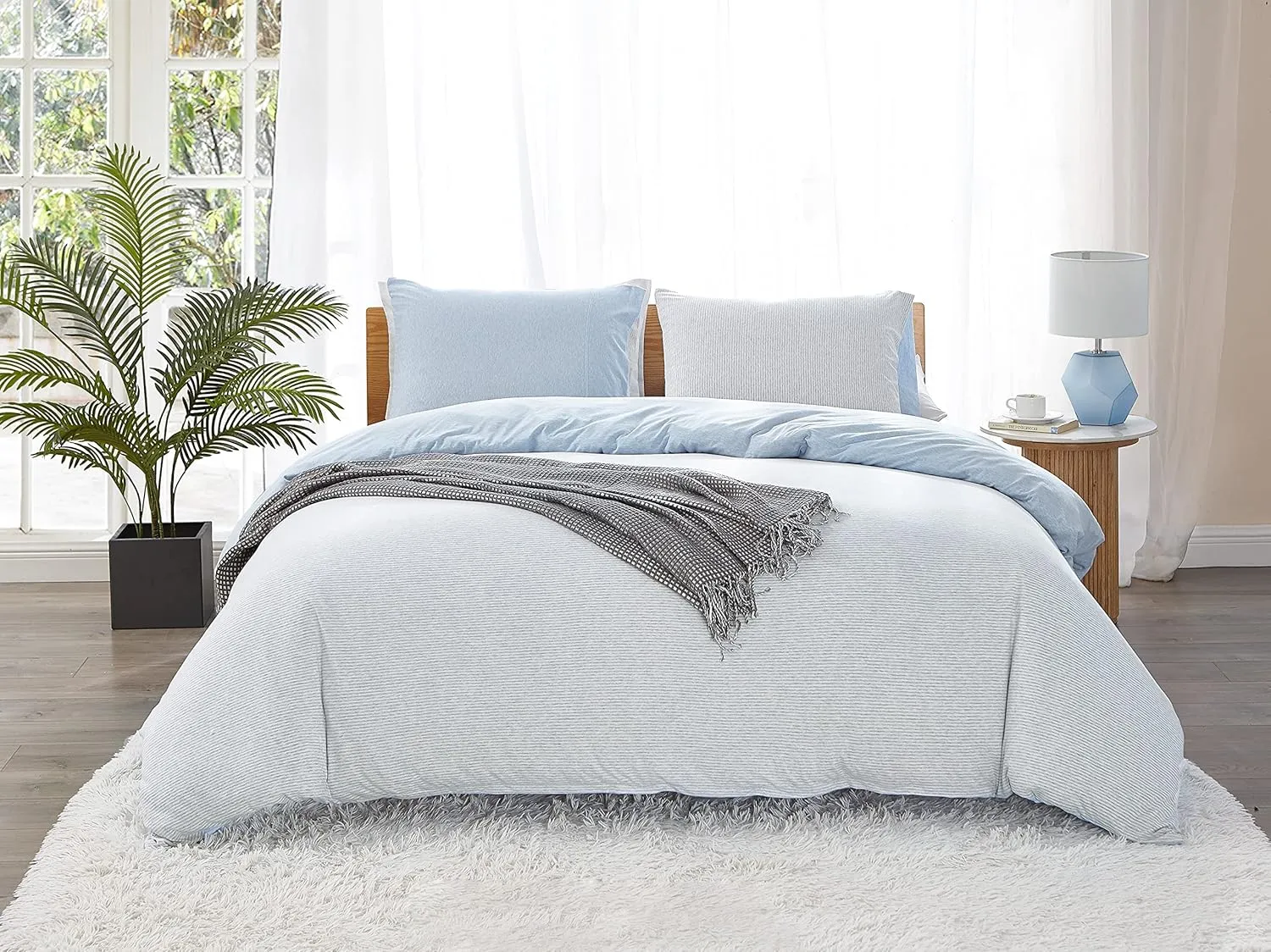 Dream Sunset Jersey Knit Stretch Duvet Cover Set, 100% Soft T-Shirt Cotton, Blue Grey White, Breathable,Skin Friendly, Zipper Closure, Twin, 1 Duvet Cover   1 Pillow case