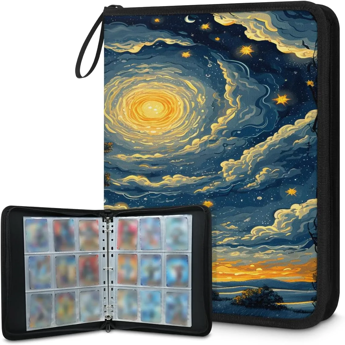 Dreamy Sky 3 Ring Trading Zipper Binder Strap, Trading Card Binder 9 Pocket, 900 Pockets Card Holder with 50 Removable Sleeves for Game Cards