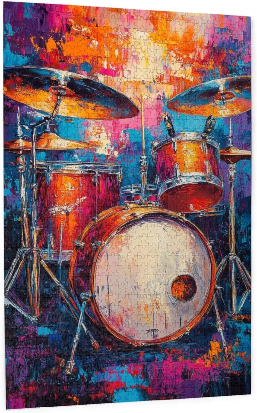 Drum Set Puzzle 1000 Pcs,Oil Painting Style Design,Ideal Choice for Musical Instrument Lovers, Adult Wooden Puzzles,Home Wall Decoration, Unique Artwork, Gift for Relatives and Friends