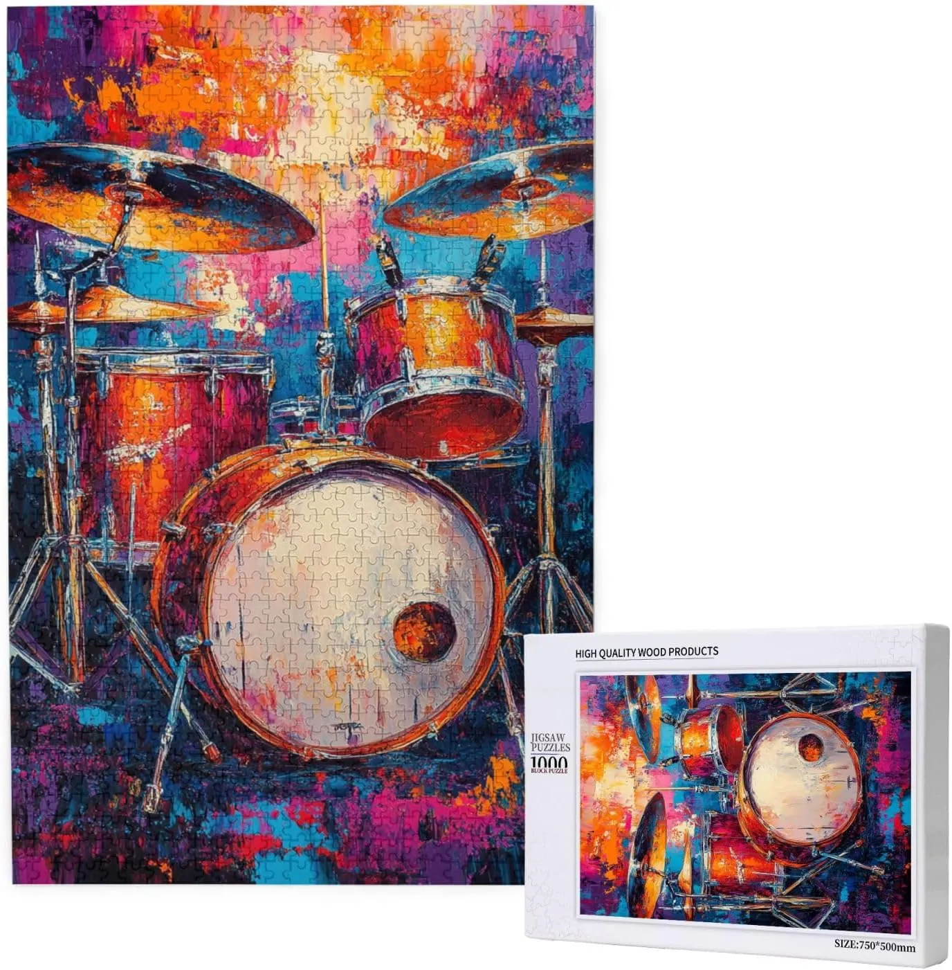 Drum Set Puzzle 1000 Pcs,Oil Painting Style Design,Ideal Choice for Musical Instrument Lovers, Adult Wooden Puzzles,Home Wall Decoration, Unique Artwork, Gift for Relatives and Friends