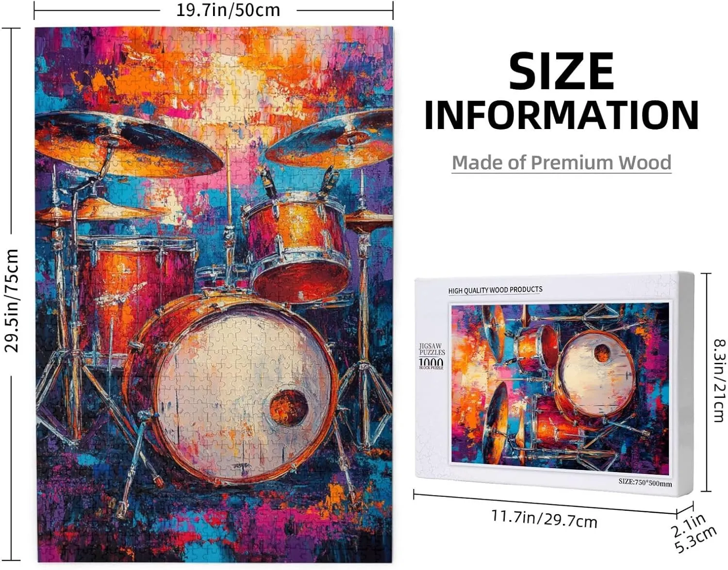 Drum Set Puzzle 1000 Pcs,Oil Painting Style Design,Ideal Choice for Musical Instrument Lovers, Adult Wooden Puzzles,Home Wall Decoration, Unique Artwork, Gift for Relatives and Friends