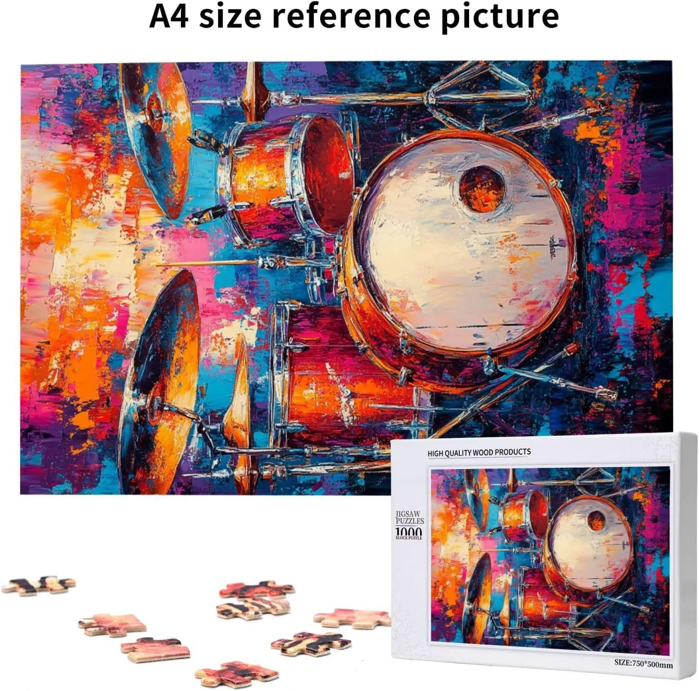 Drum Set Puzzle 1000 Pcs,Oil Painting Style Design,Ideal Choice for Musical Instrument Lovers, Adult Wooden Puzzles,Home Wall Decoration, Unique Artwork, Gift for Relatives and Friends